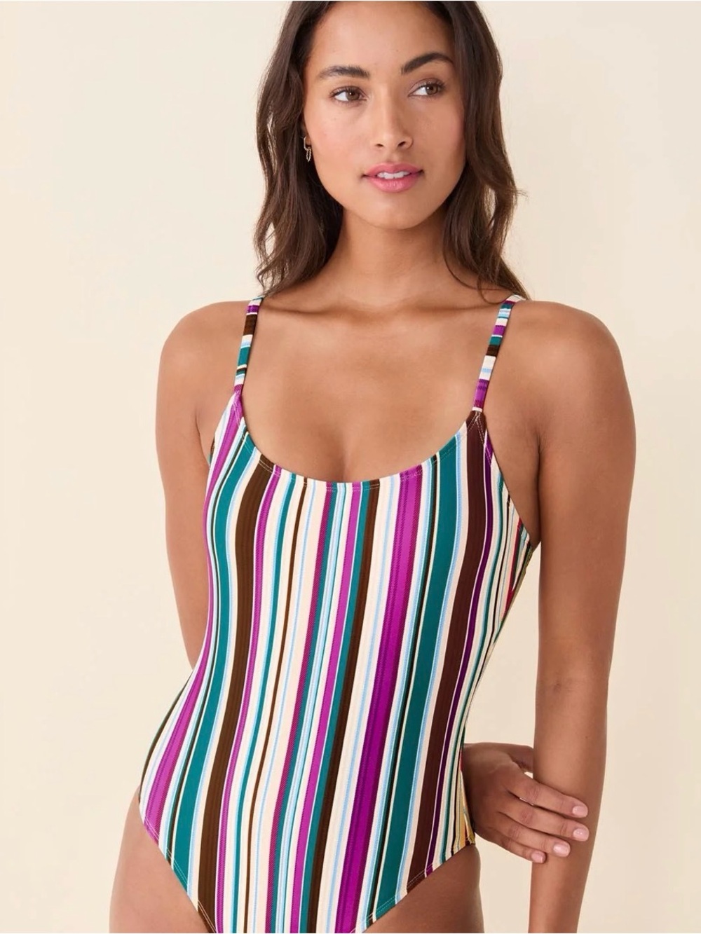 Andie Long Torso NWT Striped One-Piece Swimsuit in Teal, Purple, Brown & White